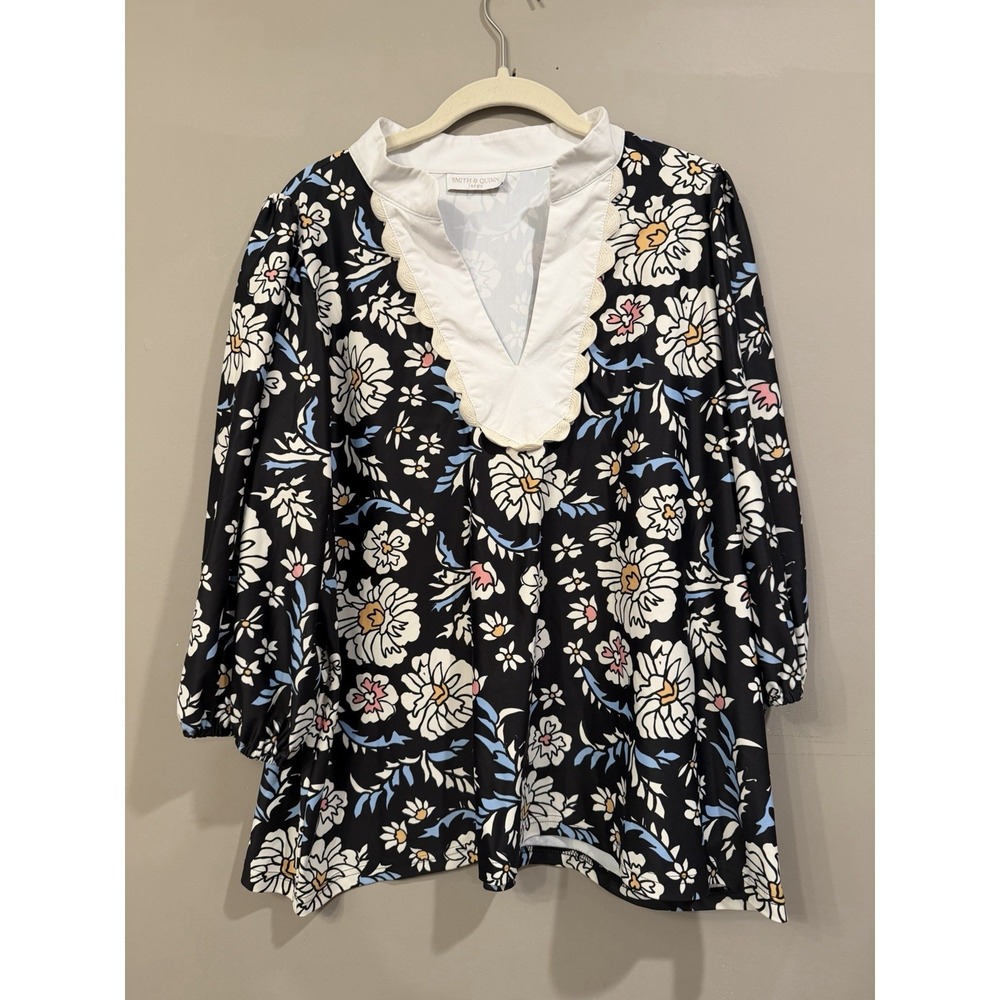 Smith And Quinn Black Floral‎ Scalloped Blouse Large Flowy UPF 50